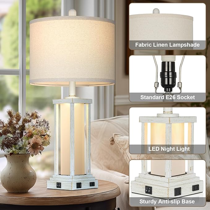 27" Tall Vintage Table Lamp Set of 2 with USB C+A & Outlet,Nightstand Lamp for Living Room,Bedside Lamps with Frosted Glass Night Light for Bedroom Entryway,White - Bloomnest