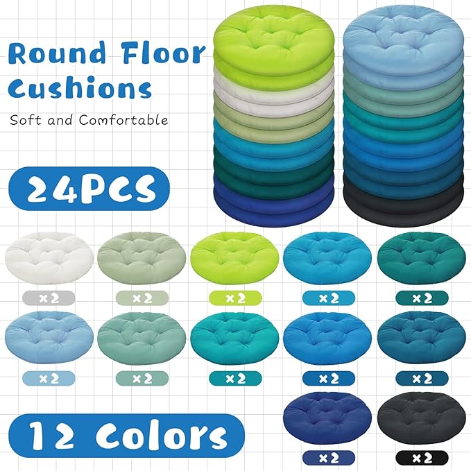 Tinideya 24 Pcs Round Floor Cushions Floor Pillows Meditation Seat Pillows Flexible Seating for Adults Kids, Chair Cushions for Classroom, Nursery, Living Room, Yoga(Medium 15.7 Inch,Blue-Green) - Bloomnest