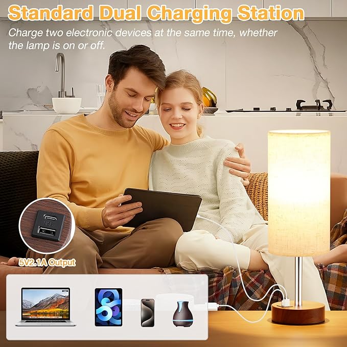Dicoool Touch Bedside Table Lamp with USB - 3 Way Dimmable Redwood Lamps for Bedroom Nightstand, Desk Lamp with Charging Station for Dorm, Living Room, Office, Kids Room, Nursery - Bloomnest