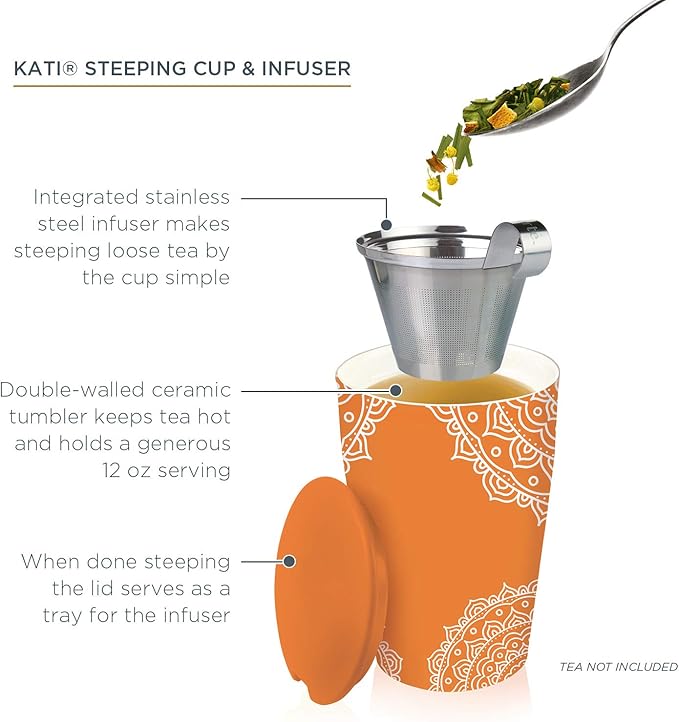 Tea Forte Double-Walled Ceramic Kati Cup, Removable Stainless Steel Infuser Basket and Lid, Steeps 12 oz Loose Leaf Tea, Dishwasher & Microwave Safe, Chakra - Bloomnest