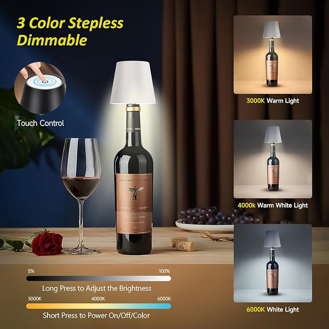 2025 New Wireless Bottle Lamp - LED Bottle Lights for Liquor & Wine Bottles, Cordless Lampshade, Whiskey Bottle Top Light, Bottle Stopper Night Light Kit, Rechargeable 3-Tone Touch-Dimmable 2 PCS - Bloomnest