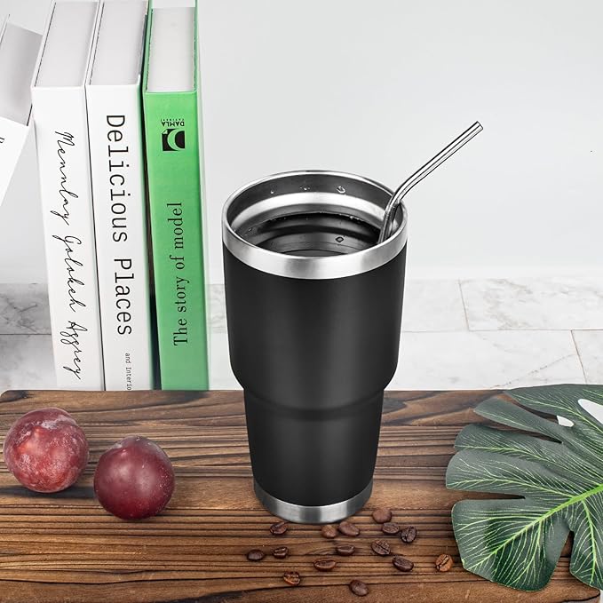 30 oz Tumbler with Lids and Straws Double Wall Vacuum Insulated Tumbler Cup,Stainless Steel Leak-proof Thermal Tumbler Powder Coated Travel Coffee Mug for Cold and Hot Drinks,Black - Bloomnest