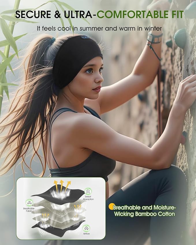 Bamboo Cotton Sleep Headphones,Ultra-Soft Wireless Headband Bluetooth for Side Sleepers, with 14H Playtime & Bluetooth 6.0, 4-in-1 Music Sleep Earphones for side sleeping(BLACK) - Bloomnest