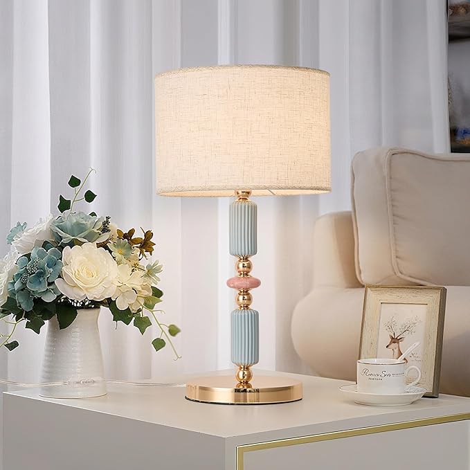 White Linen Shade Table Lamp Modern Metal Desk Lamp with Plug Cord Switch for Bedroom Reading Room - Bloomnest