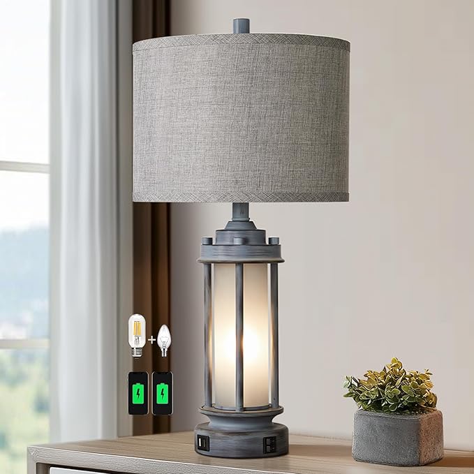 Rustic Table Lamp for Bedroom Living Room with 2 USB Ports, Farmhouse Vintage Nightstand Lamp 25'' with Light Green Glass Nightlight, Antique Retro Desk Lamp for Entryway, 2 Bulbs Included - Bloomnest