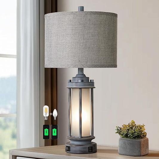 Rustic Table Lamp for Bedroom Living Room with 2 USB Ports, Farmhouse Vintage Nightstand Lamp 25'' with Light Green Glass Nightlight, Antique Retro Desk Lamp for Entryway, 2 Bulbs Included - Bloomnest