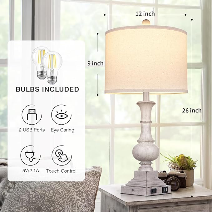 26" Farmhouse Table Lamps Set of 2, Rustic Touch Control Bedside Lamps with 2 USB Ports & AC Outlet, Vintage Resin 3-Way Dimmable Nightstand Lamp Linen Fabric Shade for Living Room Bedroom Decor Gray - Bloomnest