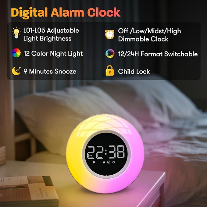 White Noise Sound Machine with 30 Soothing Sounds & 12 Colors Light, Sunrise Alarm Clock Wake Up Light, Adjustable Volume & Night Light, Timer, Ideal for Adults, Kids, Heavy Sleepers