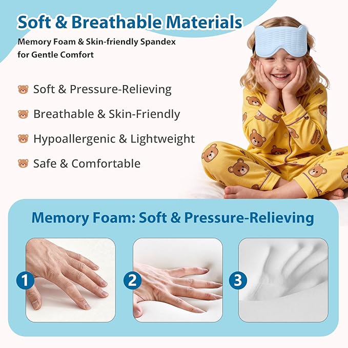 Kids Sleep Mask, 3D Sleeping Eye Mask for Kids with Adjustable Elastic Strap, Bear Shape Eye Cover with Memory Foam, Soft & Light-Blocking, Gift for Boys Girls Teens Age 5–15 (Blue) - Bloomnest