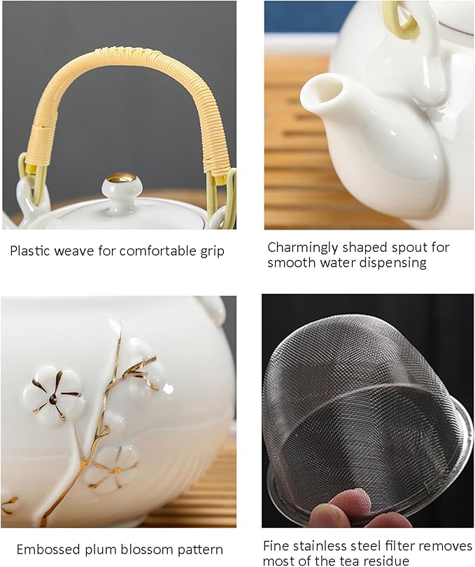 KEYDUACU Japanese Tea Set, White Ceramic Tea Set, Plum Blossom Embossed, Includes 1 Teapot (660ml), 6 Teacups,Tea Tray,Strainer, Can be used at home, outdoor, gift, Chinese Kung Fu Tea Set - Bloomnest