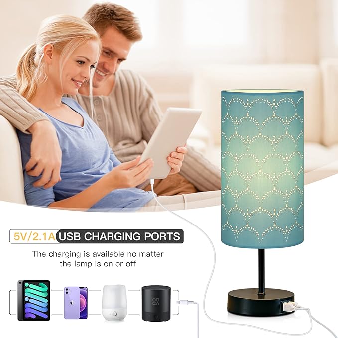 Touch Control Bedside Lamp with 2 USB Ports, 3-Way Dimmable Table lamp for Bedroom, Nightstand Lamp with Round Blue Fabric Shade for Living Room Home Office (E26 LED Bulb Included) - Bloomnest