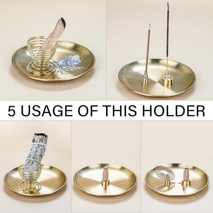ZenBless 5 in 1 Incense Burner, Palo Santo Holder, Sage Holder, Incense Sticks/Coil/Cones, 5.5 inches Brass Ash Catcher for Meditation Yoga Room (Gold_2pcs) ZenBless