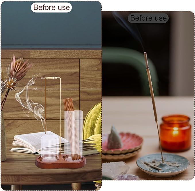 2 in 1 Incense Holder, Wooden Incense Upside Down Burner Tray with Iron Rack & 2 Glass Ash Collector Anti-Ash Flying Catcher Storage Supply for Yoga SPA Meditation Home Decor - Bloomnest