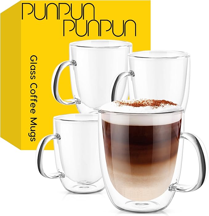 PunPun 17OZ. 500ml Clear Coffee Mugs, Glass for Coffee, Double Wall Insulated Glass Mugs with Big Handle, Every Day for Americano, Latte, Cappuccinos and Beverage.Set of 4 - Bloomnest