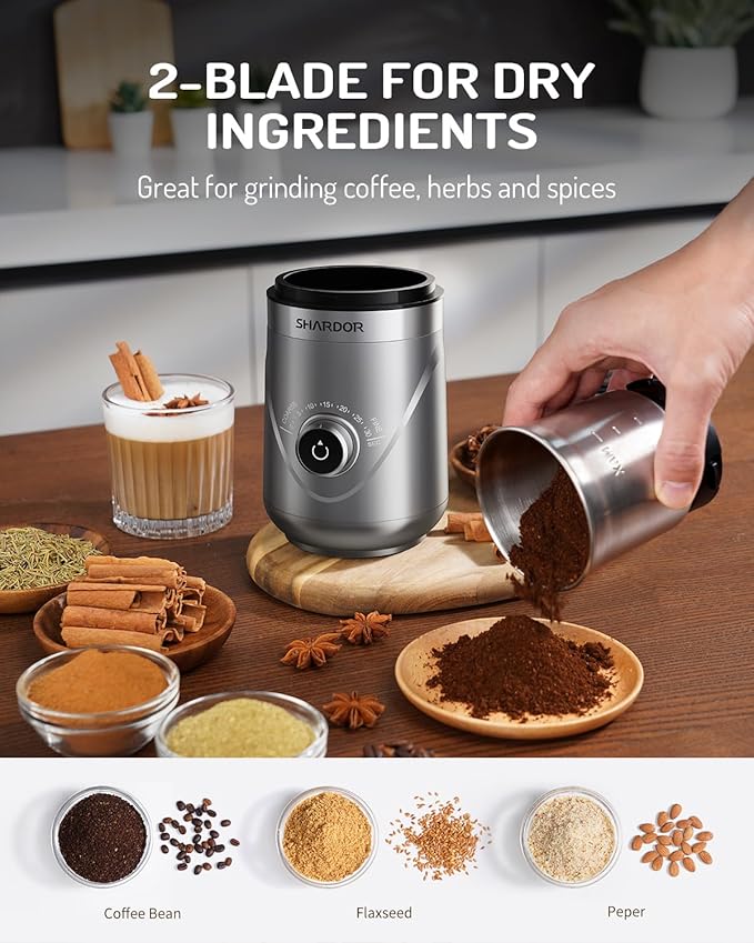 SHARDOR Electric Super Silent Blade Coffee Grinder, Timed Grind Control Rotary Knob, Adjustable Coarse to Fine for Coffee Beans, Spices & Herbs, with 2 Removable Stainless Steel Bowl, Silver - Bloomnest