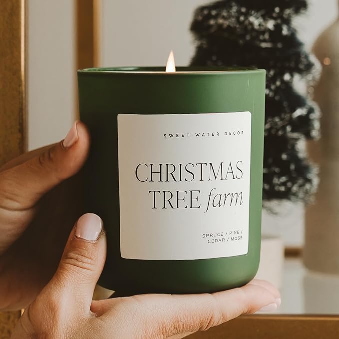 Sweet Water Decor Christmas Tree Farm Candle - Spruce, Cypress, Cedarwood, Pine Scented Candle - 15oz Green Jar, 70+ Hour Burn Time, Made in The USA - Soy Christmas Candles and Decor - Bloomnest