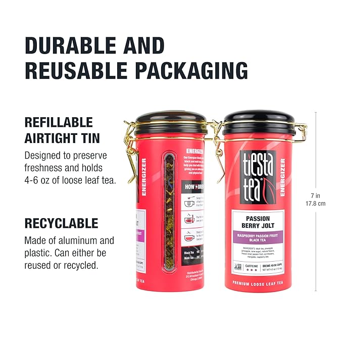 Tiesta Tea - Passion Berry Jolt, Loose Leaf, Raspberry Passion Fruit Black Tea, Premium Caffeinated Blend, Make Hot or Iced & Brews Up to 50 Cups, 4oz Refillable Tin - Bloomnest