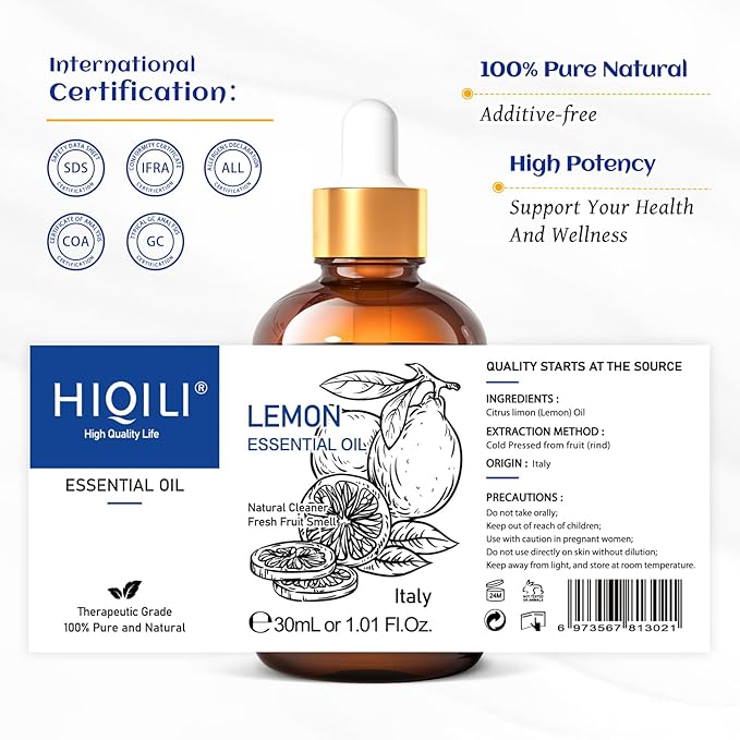 HIQILI Lemon Essential Oil, 100% Pure Undiluted for Cleaning, Skin, Diffuser - 1 Fl Oz/30ML - Bloomnest