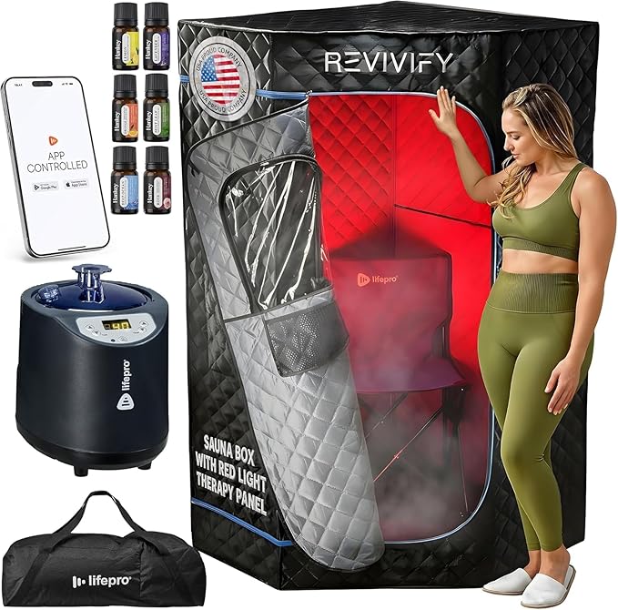 LifePro Revivify Deluxe Sauna with Red Light Therapy – Full Body Steam Room with 2.6L Steamer, Adjustable Heat Levels & Essential Oils – Easy-to-Use Portable Infrared Sauna for Home Lifepro