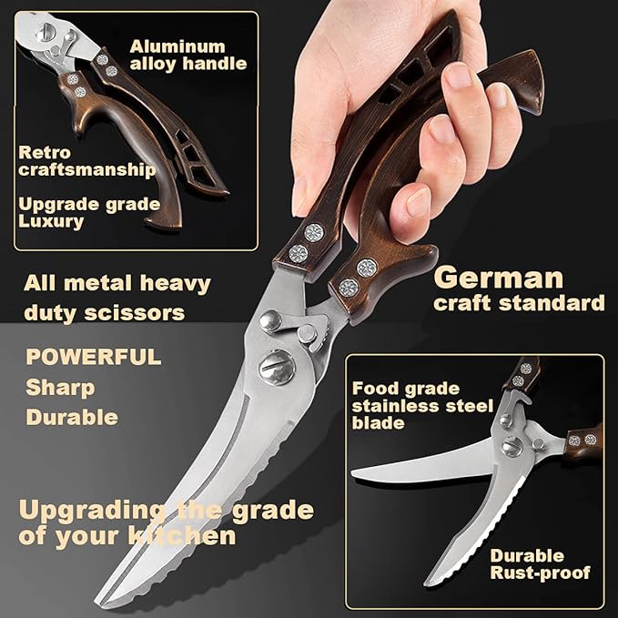 ANDONG Kitchen Scissors, Heavy Duty Professional Poultry Shears, Stainless Steel Spring Loaded, Dishwasher Safe, with Black Leather Sheath - Bloomnest