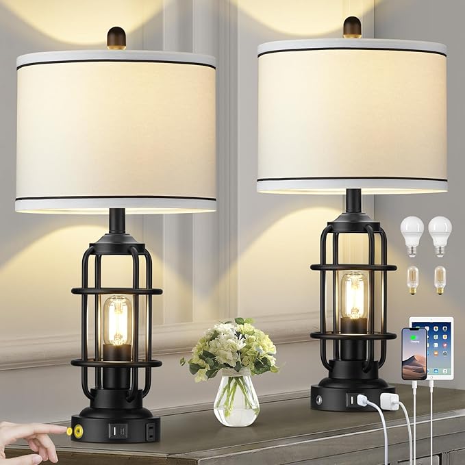 Modern Table Lamps Set of 2, Industrial 3-Way Dimmable Bedside Lamp with USB A+C Ports & AC Outlet, 25" Touch Control Nightstand Lamp LED Night Light for Living Room Bedroom Home(4 Bulbs Included) - Bloomnest