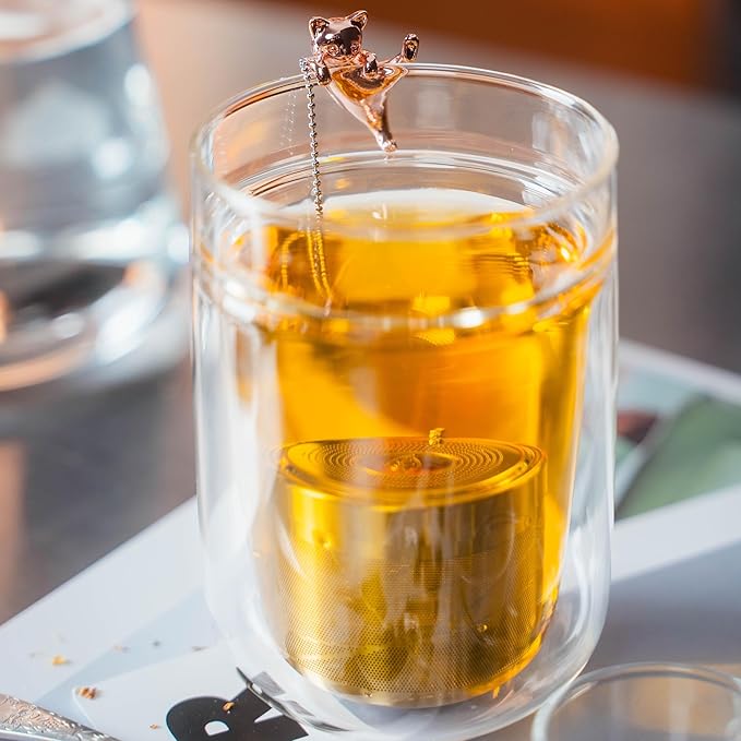 Cat Tea Infuser Stainless Steel with Secure Clip Rose Gold Kitty - Cute Animal Tea Ball Strainer, Reusable Loose Leaf Infuser w/Hanging Clip & Glass Holder Gift for Tea Lovers