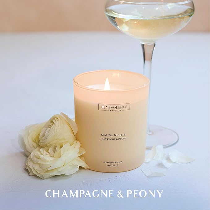 Champagne & Peony – Benevolence LA Scented Candle | 8oz, 45-Hour Burn | Natural Soy Wax, Cotton Wick | Romantic & Elegant Home Fragrance | Malibu Sands Collection – Gift for Women & Men - Bloomnest