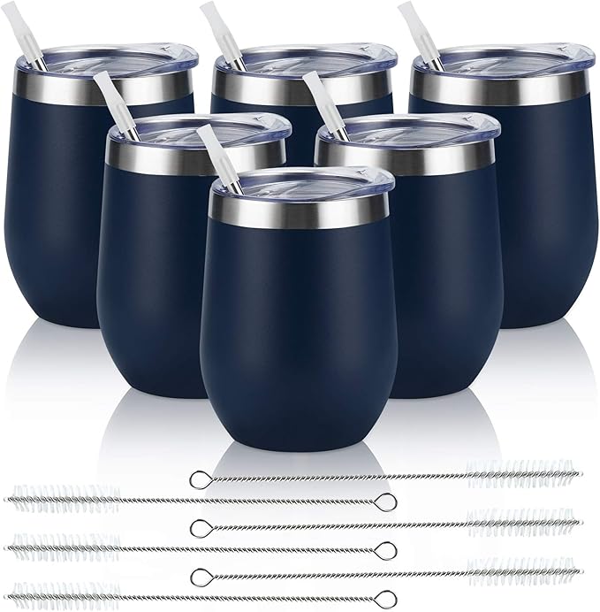 6 Pack Stainless Steel Wine Tumblers, 12Oz Insulated Wine Tumbler, Double Wall Insulated Wine Glass, Stainless Steel Stemless Wine Cups with Lids for Coffee, Wine, Cocktails, Champaign, Navy Blue - Bloomnest
