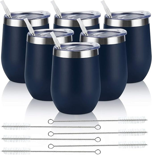 6 Pack Stainless Steel Wine Tumblers, 12Oz Insulated Wine Tumbler, Double Wall Insulated Wine Glass, Stainless Steel Stemless Wine Cups with Lids for Coffee, Wine, Cocktails, Champaign, Navy Blue - Bloomnest