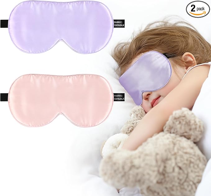 Silk Sleep Eye Mask for Kids, 100% Real Natural Pure Silk Sleeping Masks, Blindfold Sleep Eye Cover with Adjustable Strap, Soft & Lightweight Night Eyeshade for Boys Girls Teens (2 Pack)