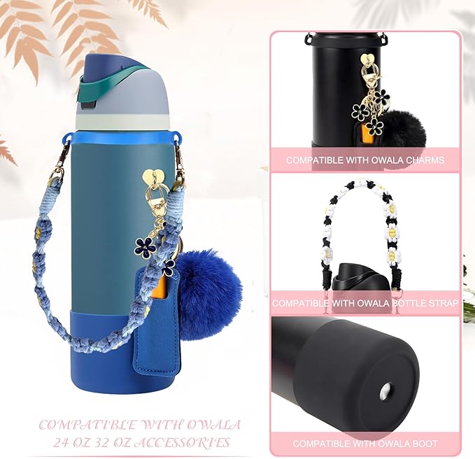 Compatible for Owala Accessories Bundle: Silicone Boot for 24oz & 32oz Bottles, Charms, Handle, Strap, Rubber Bottoms, and Decorative Add-ons for Your Compatible for Owala Water Bottle, Denim Bloomnest
