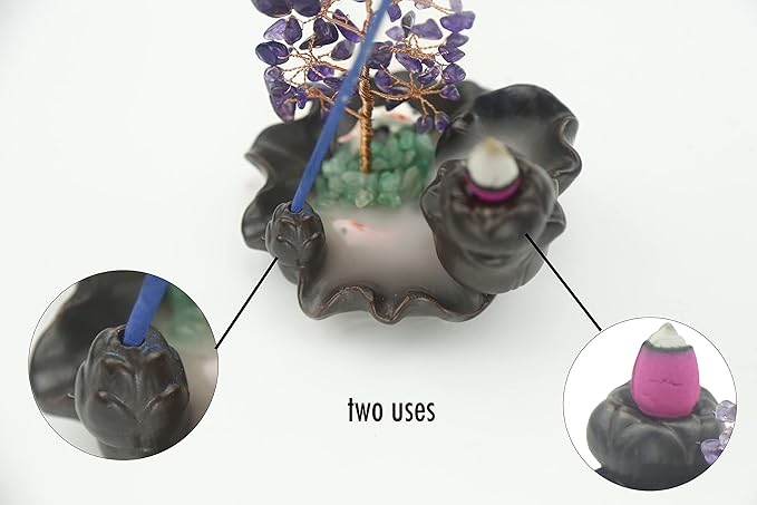 Ceramic Waterfall Incense Burner, Money Tree Backflow Holder Healing Crystal Stone, with 30 Cones + Stick for Yoga Meditation Home Zen Decoration(Amethyst) - Bloomnest