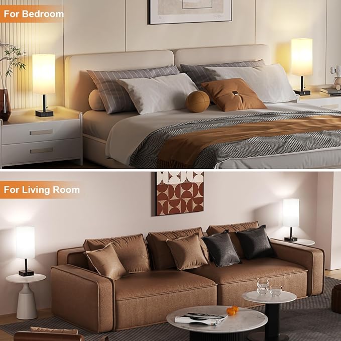Bedside Table Lamps Set of 2 - Small White Bedroom Lamps with 3 Color Temperatures (3000K/5000K/4000K), Square Nightstand Lamp with USB C + A Charging Ports, Pull Chain Night Light - Bloomnest