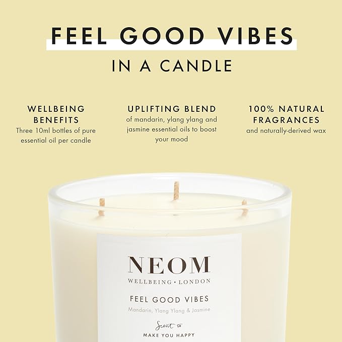 NEOM- Limited Edition Feel Good Vibes Candle |Mother's Day | Gift | Mandarin, Ylang Ylang & Jasmine (3 Wick) - Bloomnest