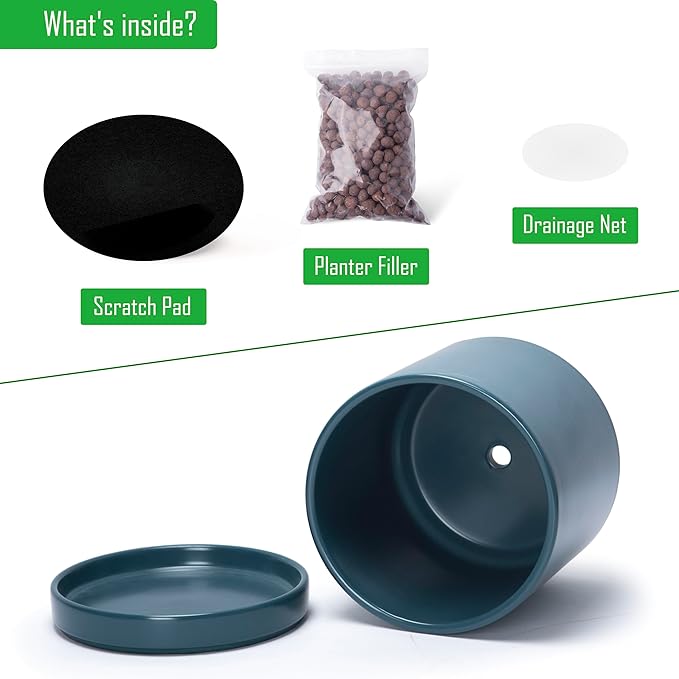 D'vine Dev 4.7 Inch & 6.5 Inch Ceramic Planter Pots for Plants with Drainage Hole and Saucer, Small Plant Pots Set, Teal, 94-G-S-9 - Bloomnest