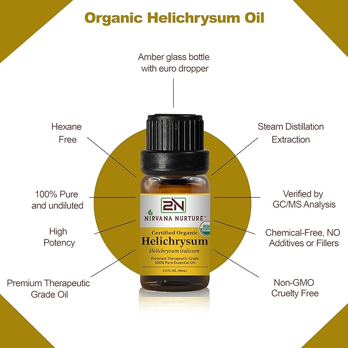 Helichrysum Essential Oil, USDA Certified Organic, 100% Pure Undiluted, Aromatherapy Oil for Diffuser, Hair & Skin Care NirvanaNurture