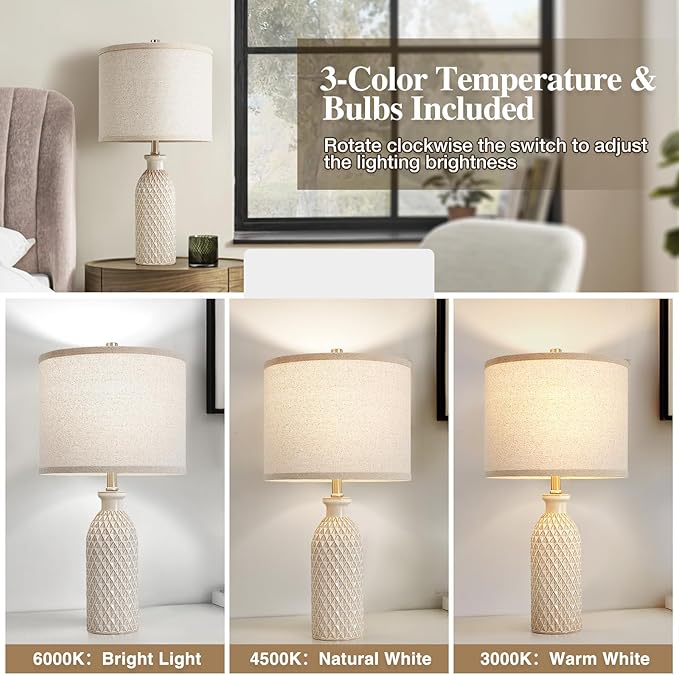 Luvkczc Ceramic Table Lamps Set of 2, Farmhouse 24.8" Bedside Lamps with 3-Color Temperature, Modern Nightstand Lamp Desk Reading Lamp for Bedroom, Living Room, Office, 2 Bulbs Included - Bloomnest