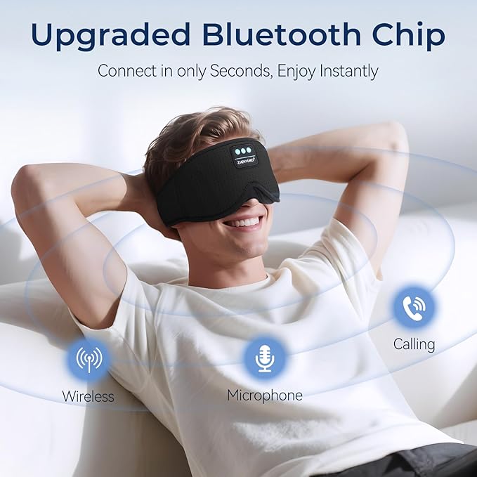 3D Sleep Mask with Bluetooth Headphones, Breathable Cotton Sleeping Headphones for Side Sleepers, Wireless Music Eye Mask with Timer, Gifts for Men Women, Black - Bloomnest