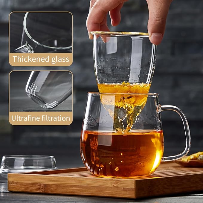 Large Glass Tea Cup, 25.6 oz Borosilicate Glass Tea Mug with Infuser and Lid, Clear Tea Cups for Brewing Scented Tea and Tea Bag - Bloomnest
