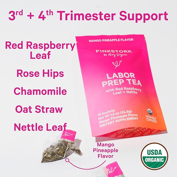 Pink Stork Organic Red Raspberry Leaf Labor Prep Tea - Mango-Pineapple with Nettle, and Moringa - Third Trimester Pregnancy Tea - Labor and Delivery Essentials for Women, 30 Cups - Bloomnest