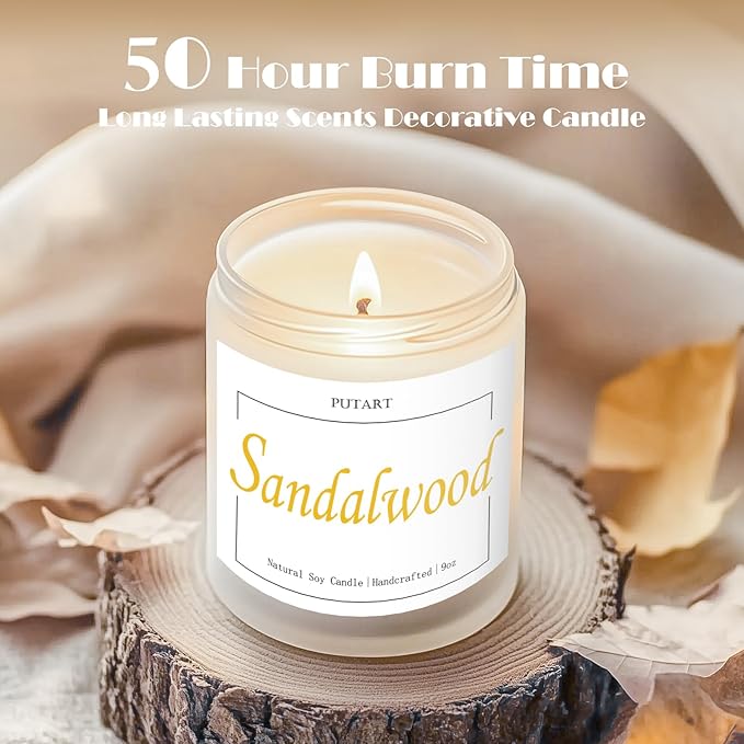 Sandalwood Scented Candles for Home, Natural Soy Wax Aromatherapy Santal Candle Gifts for Women & Men, Handmade Highly Scented & Long Lasting Non Toxic Jar Candle for Stress Relief (9oz - Bloomnest