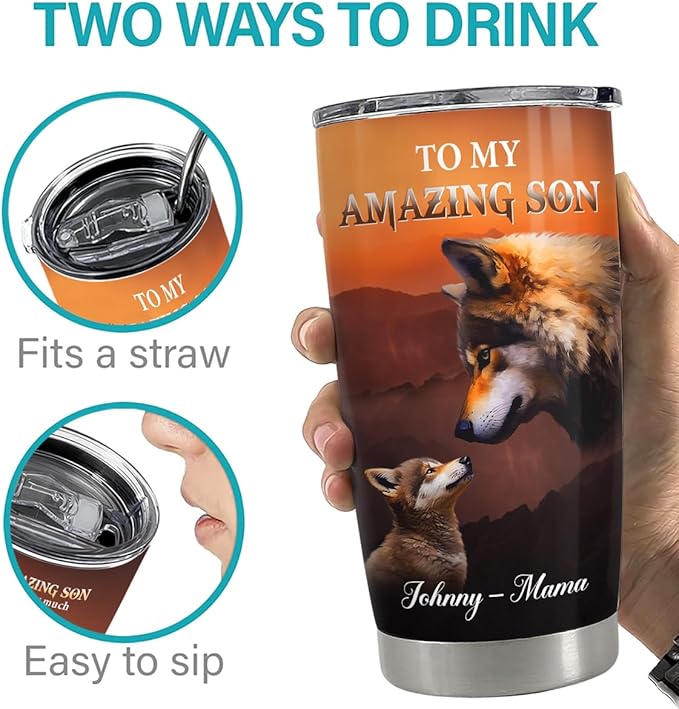 SANDJEST Personalized Wolf Tumbler To Son From Mom 20oz 30oz Tumblers with Lid Gift for Son Christmas Birthday - Bloomnest