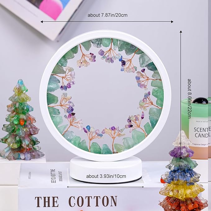 Runyangshi Natural Crystal Green Fluorite Small Tree Round White Frame Tri-Color Ambient Light Home Decoration Night Light Mother's Day Gift - Bloomnest