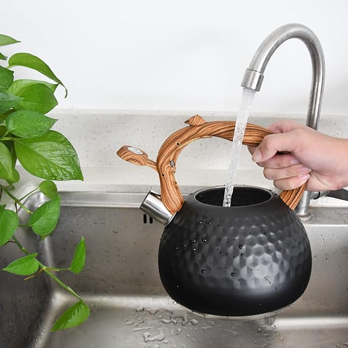 GGC Tea Kettle for Stove Top, Loud Whistling Kettle for Boiling Water Coffee or Milk, 3.1 Quart 3L Heavy Stainless Steel Black Kettle with Wood Pattern Handle, Unique Button Control Kettle Outlet - Bloomnest