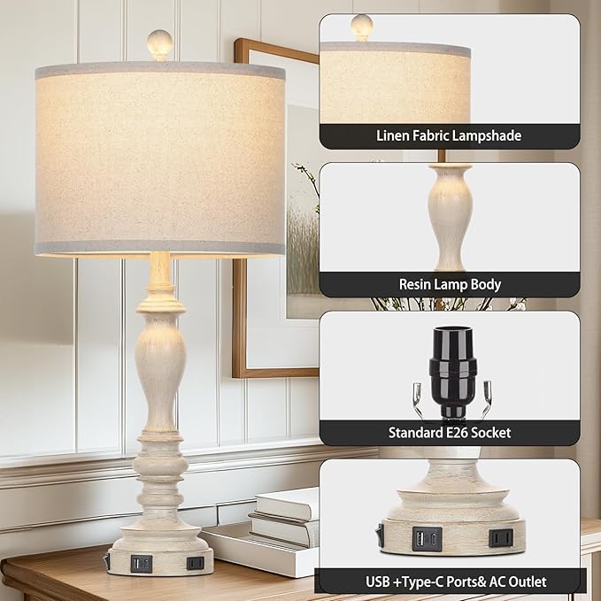 28" Table Lamps with USB C+A Ports & AC Outlets, Farmhouse Rustic Table Lamps Set of 2, Vintage End Table Nightstand Resin Bedside Lamp for Living Room Bedroom, Fabric Linen Shade Washed Antique Beige - Bloomnest