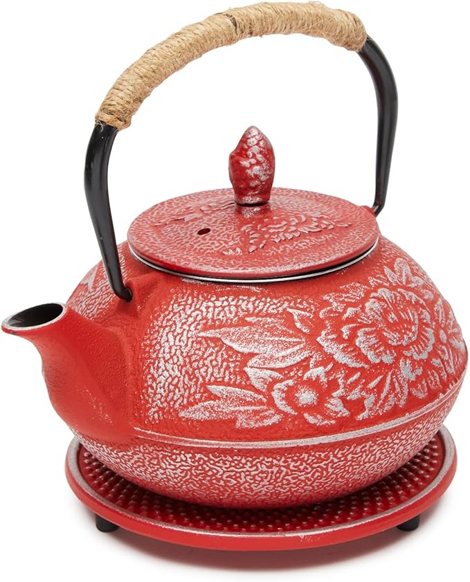 Juvale Japanese Cast Iron Teapot with Infuser - Red, 27 oz (800 ml), 3-Pc Teapot Set - Stovetop Kettle for Loose Leaf Brewing - Removable Stainless Steel Infuser & Trivet Included - Bloomnest