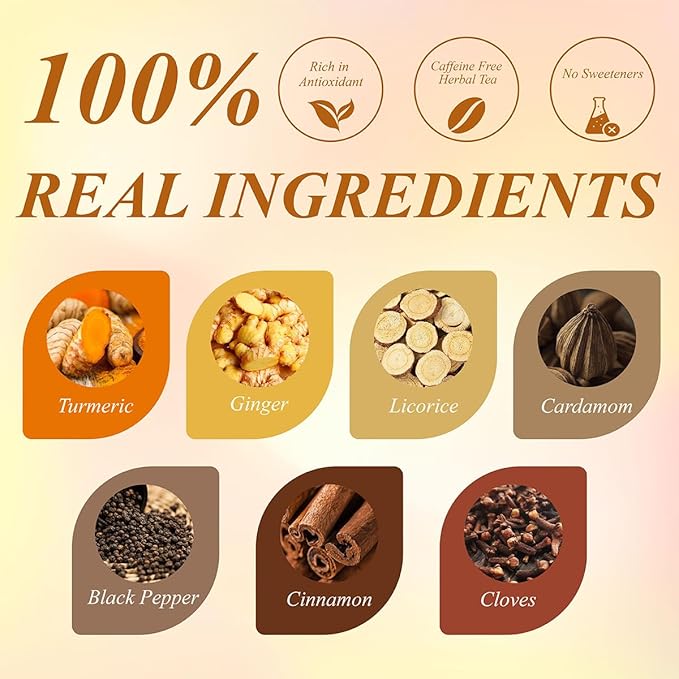 WT WEETEE Turmeric Chai Tea Bags, 2g x 100 Count, Caffeine-Free Turmeric Spiced Chai Tea, Includes Cinnamon, Licorice, Ginger Root, Cardamom, Cloves & More - Bloomnest
