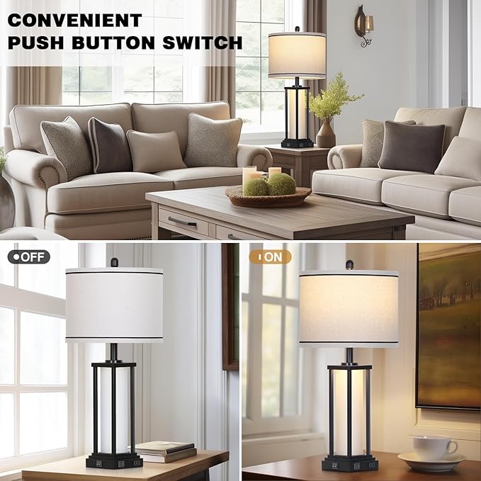 27" Tall Vintage Table Lamp with USB C+A & Outlet,Black Industrial End Table Lamp for Living Room,Farmhouse Rustic Bedside Lamp with Frosted Glass Night Light for Bedroom Nightstand,Black-1P - Bloomnest