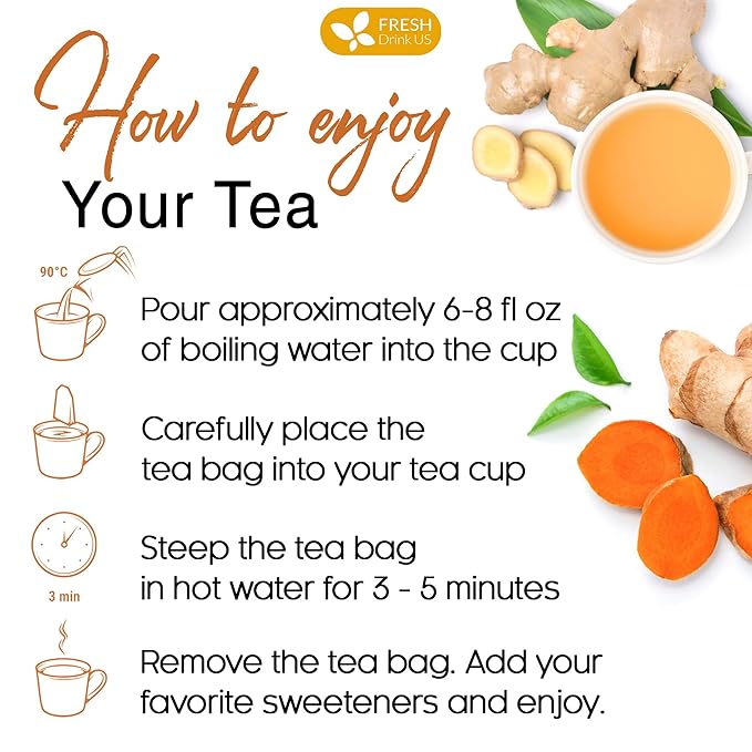 FreshDrinkUS, Premium 135 Turmeric Ginger Tea Bags, 100% Natural Ingredients, Hand-made Blend of Turmeric and Ginger Herbal Tea, Eco-conscious Tea Bags. No Sugar, No Caffeine, No Gluten, Vegan. - Bloomnest