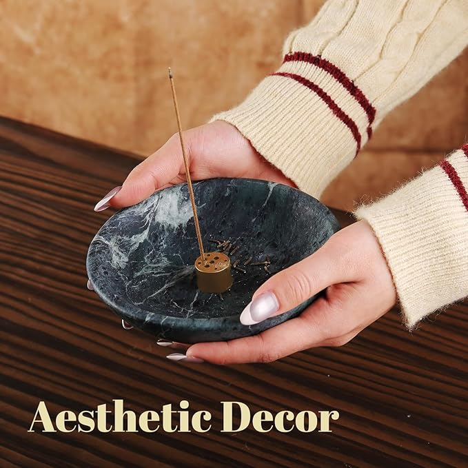Koville Natural Marble Incense Holder, Incense Holder for Sticks with 9 Holes, Handmade Incense Burner Ash Catcher for Meditation Yoga SPA, Balsam Fir/Palo Santo/Sage/Cone (Green)